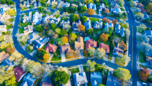 Colorful Fall Aerial Homes in Modern Suburb