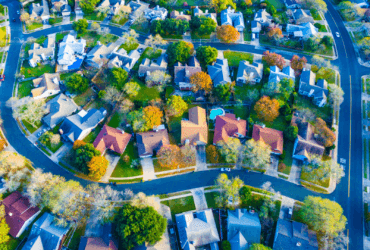 Colorful Fall Aerial Homes in Modern Suburb