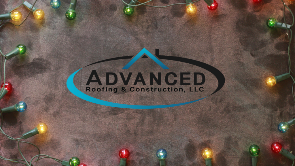 Christmas Light Background with Advanced Roofing Logo