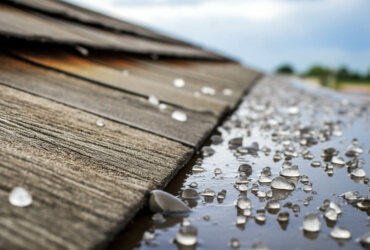 hailstones scattered on a wet wooden roof