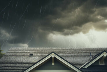 House roof in dark storm, with rain and lightning