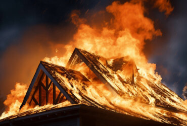 house is on fire, covered in big flames