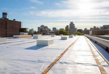 Roofers installing TPO membrane on a flat commercial roof in Alabama