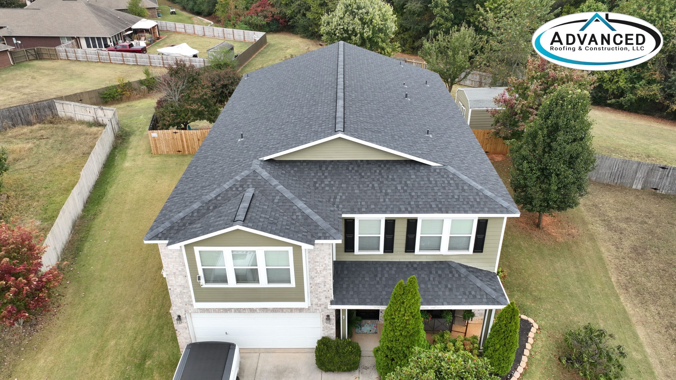 Aerial view of a Huntsville home after roof repair near me completed by Advanced Alabama