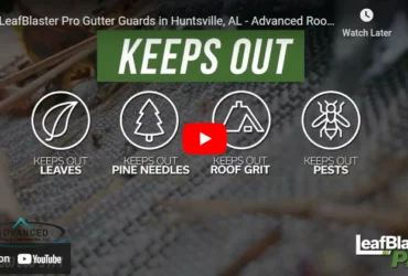 LeafBlaster Pro gutter guard graphic showing 'Keeps out' benefits