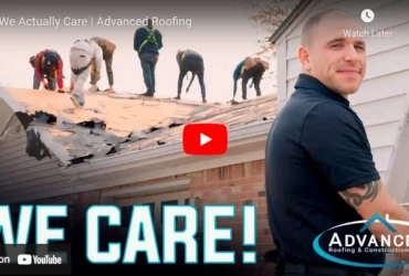 Smiling roofer with crew and 'We Care!' text