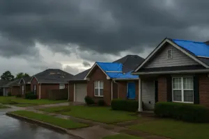 Storm damage roof repair underway in a North Alabama neighborhood with blue tarps covering homes after heavy wind and hail.