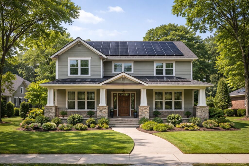 Street-level front view of a two-story craftsman-style home in Huntsville, Alabama with light gray fiber cement siding and a dark charcoal solar ready roof fully covered with black solar panels, framed by green trees beneath a clear blue sky.