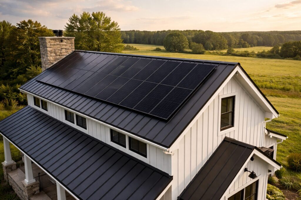 Close-up side-angle view of a modern farmhouse in rural Alabama showcasing a deep charcoal standing seam metal solar ready roof with flush-mounted black solar panels spanning the full south-facing pitch, with rolling green fields in the background at sunset.