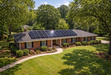Wide-angle aerial view of a single-story brick ranch home in an Alabama suburb featuring a solar ready roof with sleek black monocrystalline solar panels installed in clean rows, surrounded by mature oak trees and a neatly maintained lawn under bright midday sunlight.
