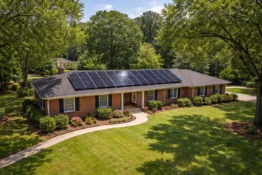 Wide-angle aerial view of a single-story brick ranch home in an Alabama suburb featuring a solar ready roof with sleek black monocrystalline solar panels installed in clean rows, surrounded by mature oak trees and a neatly maintained lawn under bright midday sunlight.