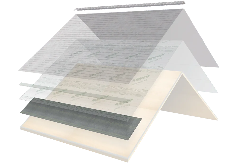 Exploded shingle roof diagram with the ice and water shield layer highlighted along the eaves