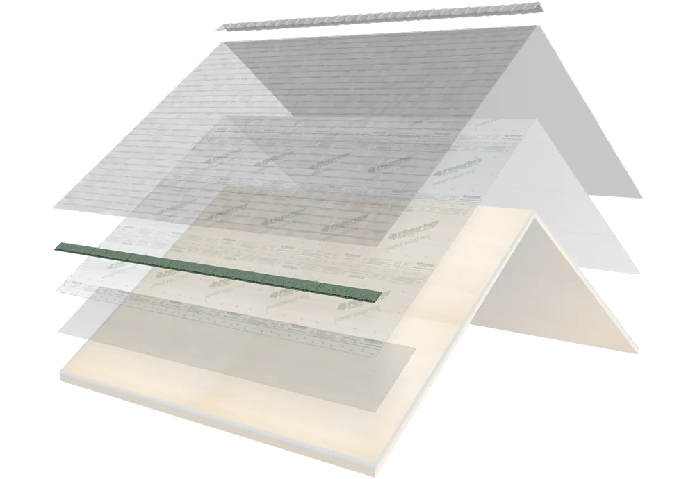 Exploded shingle roof diagram with the starter strip highlighted along the bottom edge of the roof