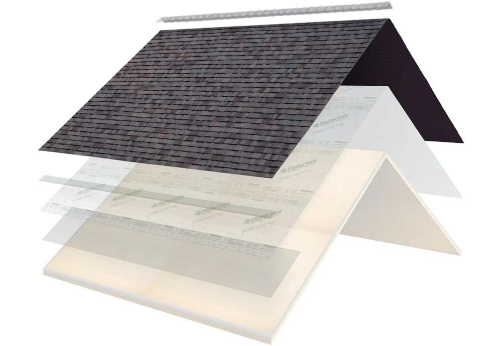 Exploded shingle roof diagram with the field shingles layer highlighted