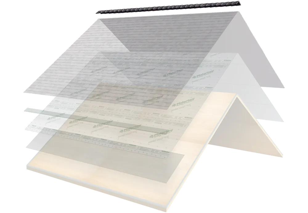 Exploded shingle roof diagram with the ridge cap shingles highlighted along the roof peak
